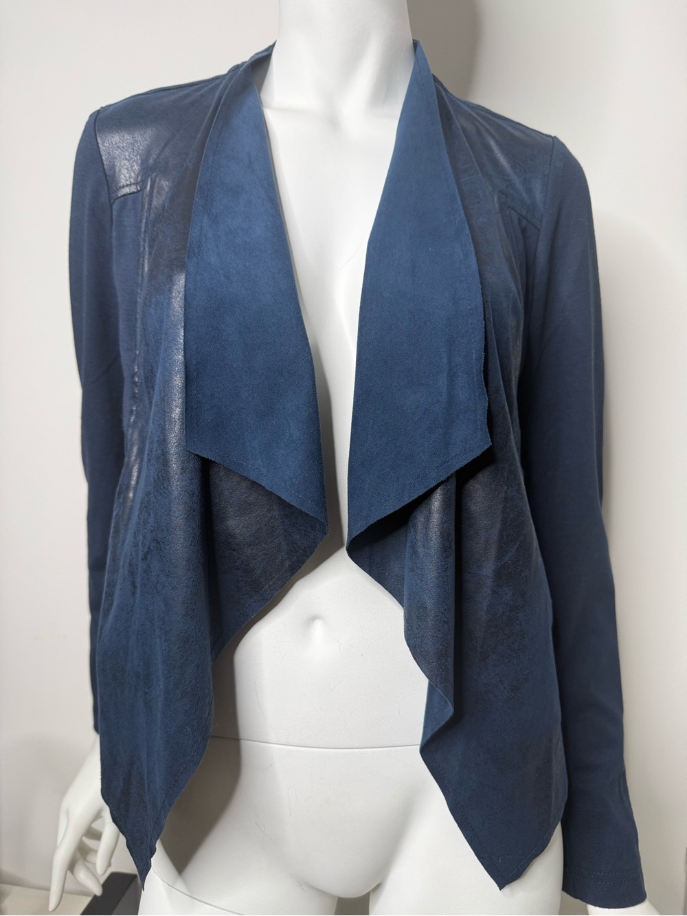 Edyson Navy Faux Leather Ponte Draped Open Front Jacket Blazer S